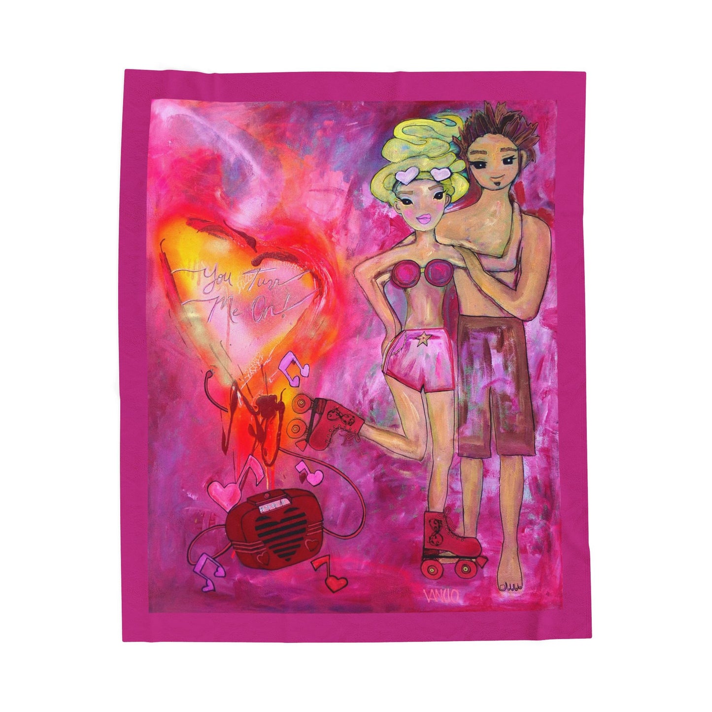 Velveteen Plush Blanket — Retro Roller Rink Couple Heart Art Throw