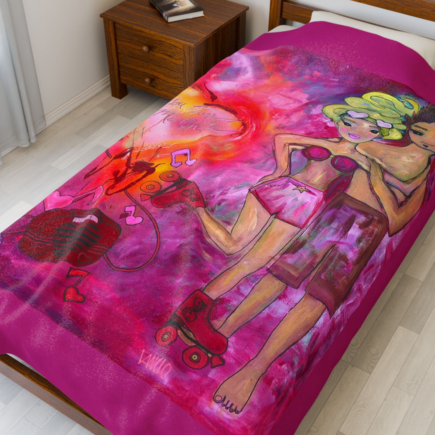 Velveteen Plush Blanket — Retro Roller Rink Couple Heart Art Throw